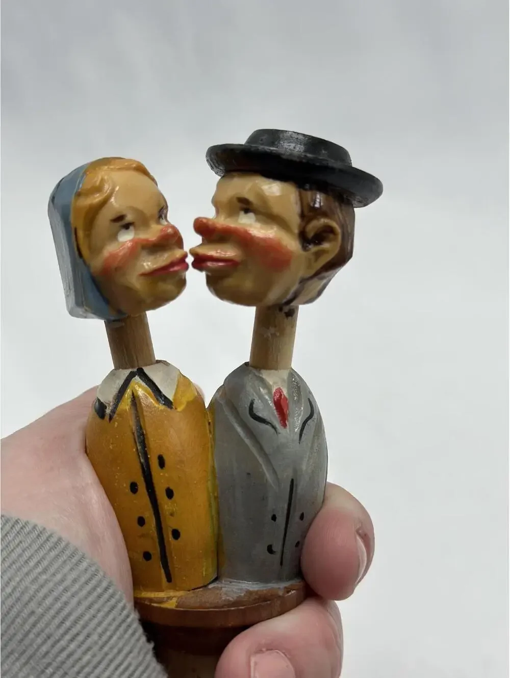 Antique Bottle Stopper Mechanical Kissing Couple Hand Carved
